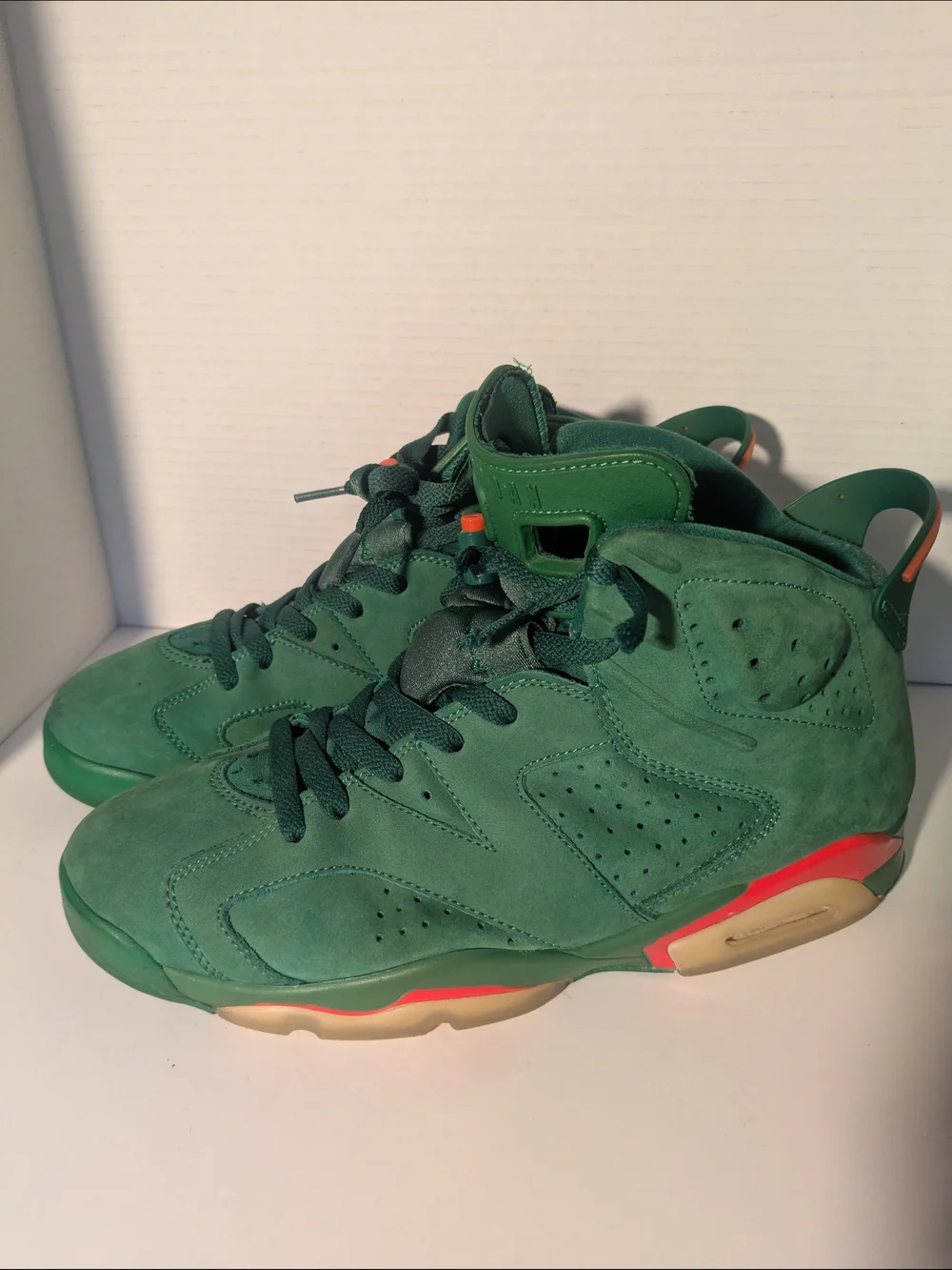 Jordan Men's Green Suede Athletic Shoes with Orange Accents